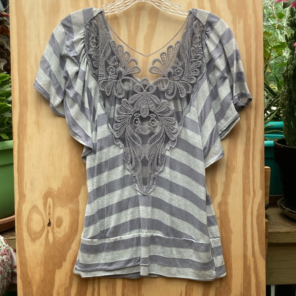 Gray Striped Women's Top with Lace Detail, Size Small-Medium